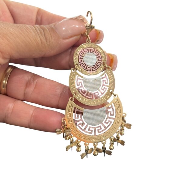 Gold Filled Womens Three Tones Greek Key Chandelier Butterfly Dangle Earrings - Picture 2 of 8